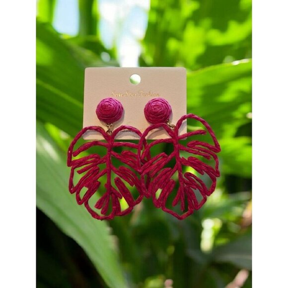 New Pink Rope Boho Chich Tropic Leaf Drop Earrings Summertime Fashion Jewelry - Picture 1 of 2